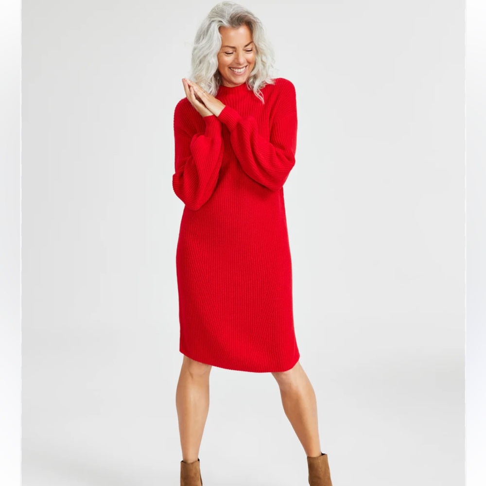 Red Mock Neck Chuncky Knit Sweater Dress | Medium Petite